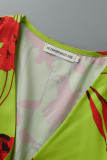 Yellow Sexy Print Bandage Patchwork V Neck Long Sleeve Two Pieces