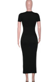 Black Sexy Solid Hollowed Out Patchwork O Neck Pencil Skirt Dresses