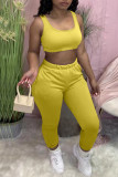 Yellow Casual Sportswear Solid Patchwork U Neck Two Pieces