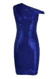 Red Fashion Sexy Solid Sequins Patchwork Oblique Collar Evening Dress