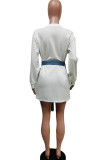 White Casual Street Print Patchwork With Belt O Neck Straight Dresses