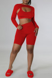 Red Sportswear Solid Patchwork O Neck Long Sleeve Three Pieces