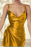 Gold Sexy Solid Bandage Patchwork Slit Spaghetti Strap One Step Skirt Dresses