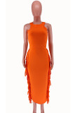 Tangerine Sexy Solid Tassel Patchwork O Neck One Step Skirt Dresses