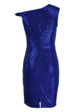 Red Fashion Sexy Solid Sequins Patchwork Oblique Collar Evening Dress
