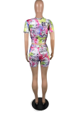 Rose Red Casual Print Patchwork O Neck Short Sleeve Two Pieces