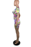 Rose Red Casual Print Patchwork O Neck Short Sleeve Two Pieces