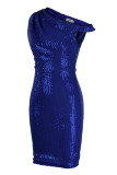 Red Fashion Sexy Solid Sequins Patchwork Oblique Collar Evening Dress