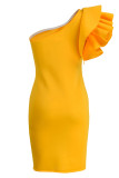 Red Fashion Sexy Solid Patchwork Backless Oblique Collar Evening Dress