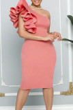 Pink Fashion Sexy Solid Patchwork Backless Oblique Collar Evening Dress