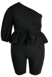 Black Fashion Casual Solid Backless Oblique Collar Plus Size Two Pieces