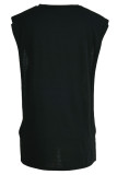 Black Fashion Casual Print Hollowed Out V Neck Tops