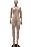 Apricot Casual Solid Bandage Patchwork Backless Zipper Hooded Collar Skinny Jumpsuits