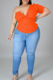 Tangerine Sweet Solid Patchwork Asymmetrical Collar Plus Size Tops