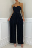 Blue Sexy Solid Patchwork Fold Spaghetti Strap Straight Jumpsuits