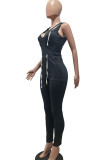 Black Casual Solid Bandage Patchwork Backless Zipper Hooded Collar Skinny Jumpsuits