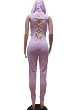 Purple Casual Solid Bandage Patchwork Backless Zipper Hooded Collar Skinny Jumpsuits
