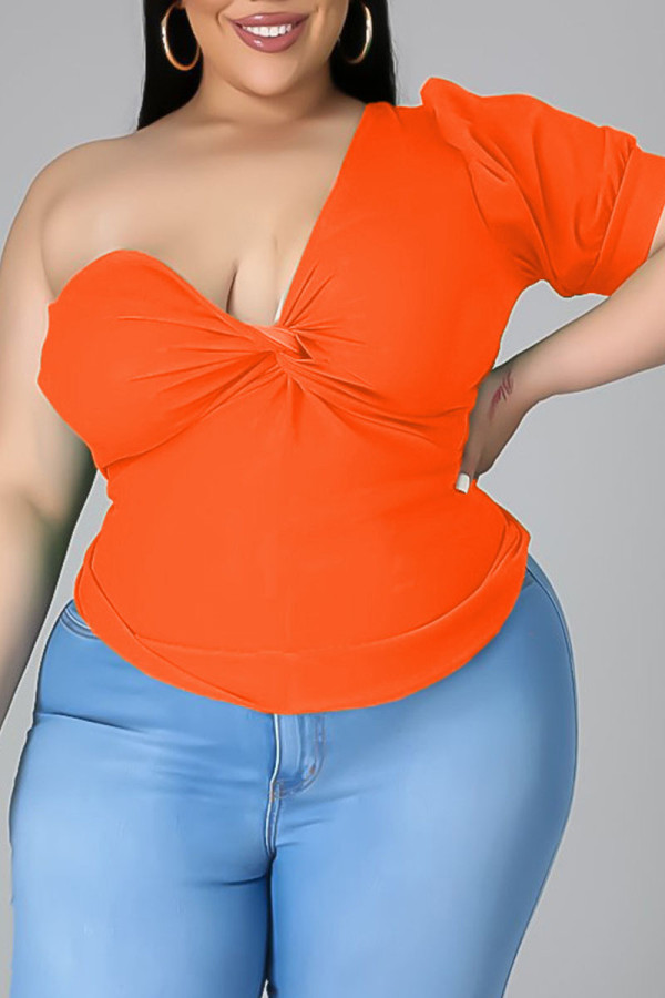 Tangerine Sweet Solid Patchwork Asymmetrical Collar Plus Size Tops