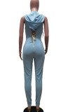 Light Blue Casual Solid Bandage Patchwork Backless Zipper Hooded Collar Skinny Jumpsuits