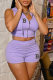 Purple Fashion Print Patchwork Hooded Collar Sleeveless Two Pieces
