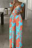 Tangerine Red Casual Print Patchwork V Neck Straight Jumpsuits