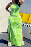 Green Sexy Print High Opening Halter Irregular Dress Dresses