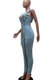Light Blue Casual Solid Bandage Patchwork Backless Zipper Hooded Collar Skinny Jumpsuits
