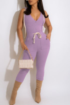 Purple Casual Solid Bandage Patchwork Backless Zipper Hooded Collar Skinny Jumpsuits