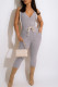 Grey Casual Solid Bandage Patchwork Backless Zipper Hooded Collar Skinny Jumpsuits