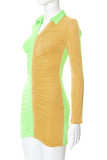 Green Fashion Casual Solid Patchwork Contrast Turndown Collar Long Sleeve Dresses