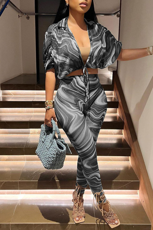 Black Sexy Print Bandage Patchwork Half Sleeve Two Pieces