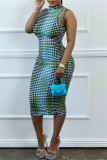 Green Fashion Sexy Print Hollowed Out Patchwork Half A Turtleneck Sleeveless Dress