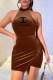 Coffee Fashion Sexy Print Backless Asymmetrical O Neck One Step Skirt Dresses