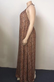Brown Fashion Plus Size Print Leopard Backless Halter Sleeveless Dress (Without Belt)