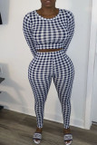 Blue Casual Plaid Print Patchwork O Neck Long Sleeve Two Pieces