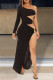 Black Fashion Sexy Solid Hollowed Out Slit Oblique Collar Long Sleeve Dresses