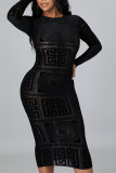 Black Sexy Print Hollowed Out Patchwork See-through Mesh O Neck Pencil Skirt Dresses