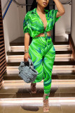 Green Sexy Print Bandage Patchwork Half Sleeve Two Pieces