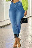 Deep Blue Fashion Casual Solid Tassel Patchwork High Waist Skinny Denim Jeans