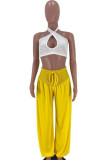 Yellow Sexy Casual Solid Hollowed Out Backless Halter Sleeveless Two Pieces
