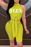 Fluorescent Green Fashion Casual Letter Print Slit O Neck Sleeveless Two Pieces