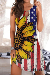 Red Yellow Fashion Casual Print Hollowed Out O Neck Sleeveless Dress