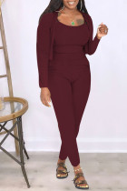 Burgundy Casual Solid Patchwork Long Sleeve Two Pieces