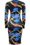 White Milk. Europe and America Cap Sleeve Long Sleeves O neck Pencil Dress Mid-Calf Patchwork Print Club