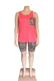 Rose Red Fashion Casual Leopard Printing U Neck Plus Size Two Pieces