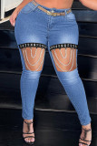Deep Blue Fashion Casual Patchwork Ripped Hollowed Out Chains High Waist Skinny Denim Jeans
