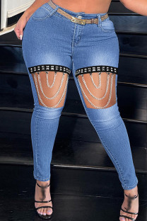 Medium Blue Fashion Casual Patchwork Ripped Hollowed Out Chains High Waist Skinny Denim Jeans