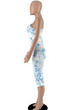 Blue Sexy Print Patchwork Spaghetti Strap One Step Skirt Dresses