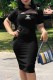 Black Fashion Elegant Print Patchwork O Neck One Step Skirt Dresses