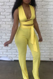 Yellow Sexy Solid Bandage Patchwork Frenulum Halter Sleeveless Two Pieces
